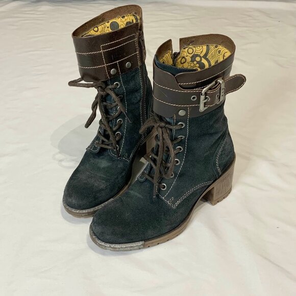 Fly London Sz 6.5 Yip Black Suede Leather Buckle Lace Up Block Heel Ankle Boots - Picture 4 of 15